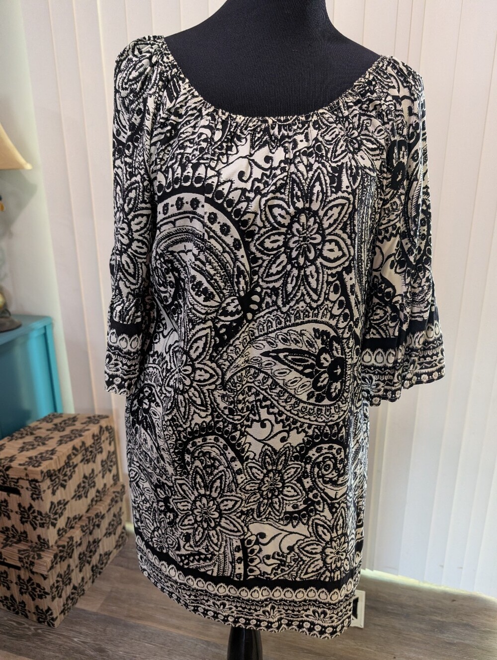 Umgee Cream and Black Floral Bell Sleeve Midi Dress